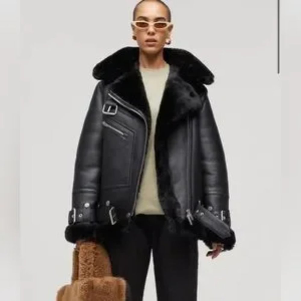 NWT Moya V (Space Black) Oversized Leather Shearling Moto Jacket